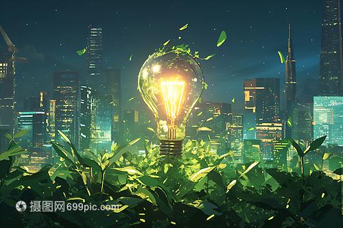 点亮未来 绿色能源灯泡插画中的环保科技之光